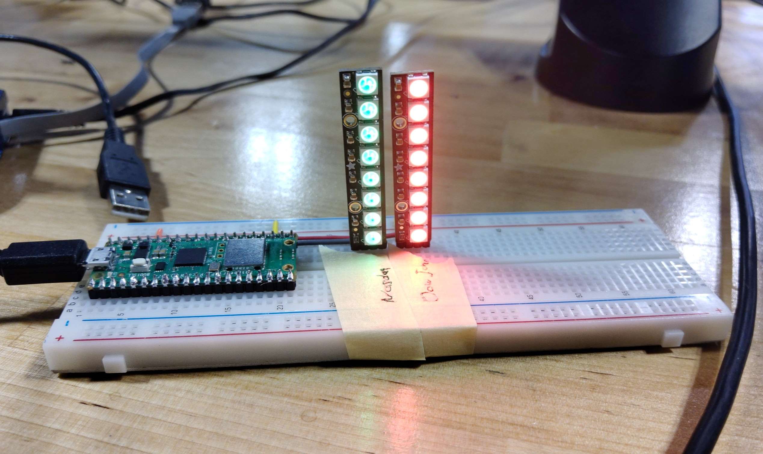 Code running with two NeoPixel Sticks showing data from NASDAQ and Dow Jones
