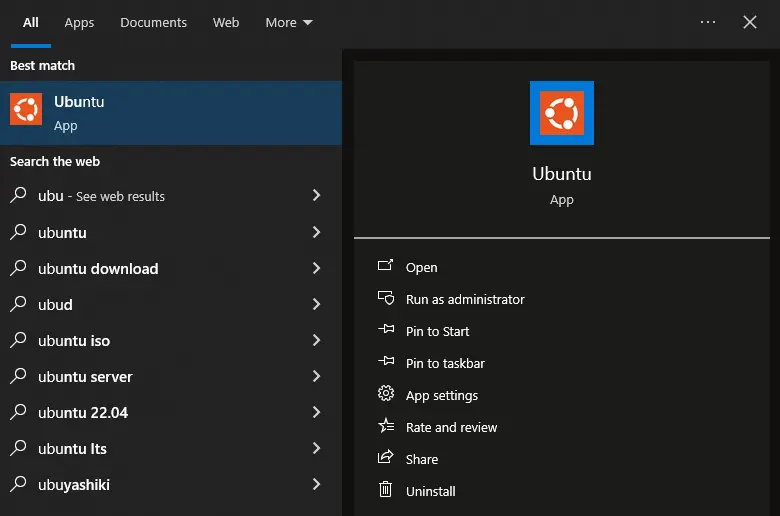Ubuntu in windows start menu